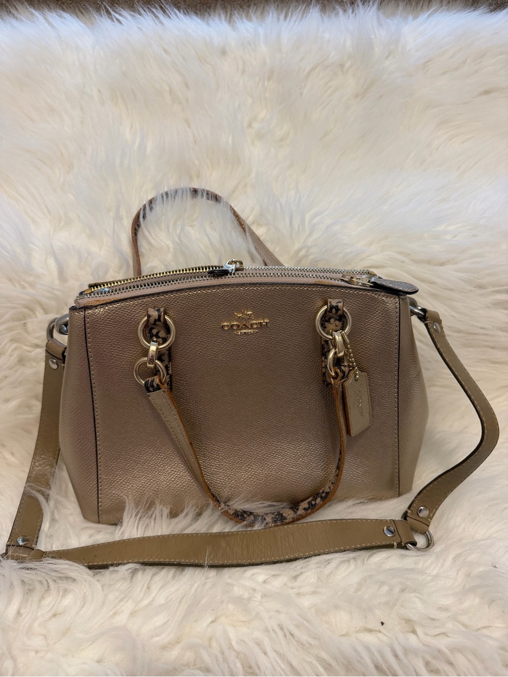 Coach Metallic Taupe Pebbled Leather Satchel with Gold Hardware